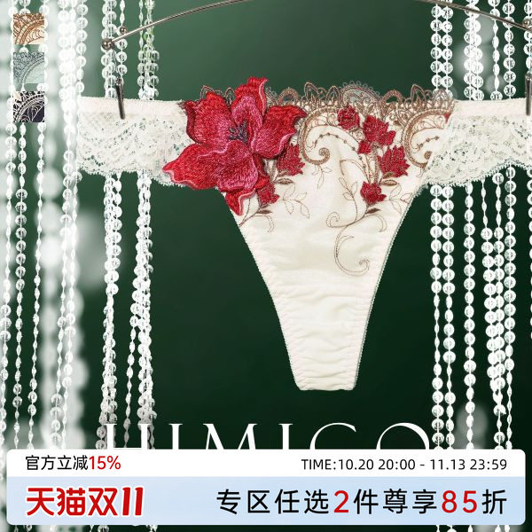 HIMICO丁字裤女重工立体刺绣日系透明蕾丝性感低腰女士内裤031