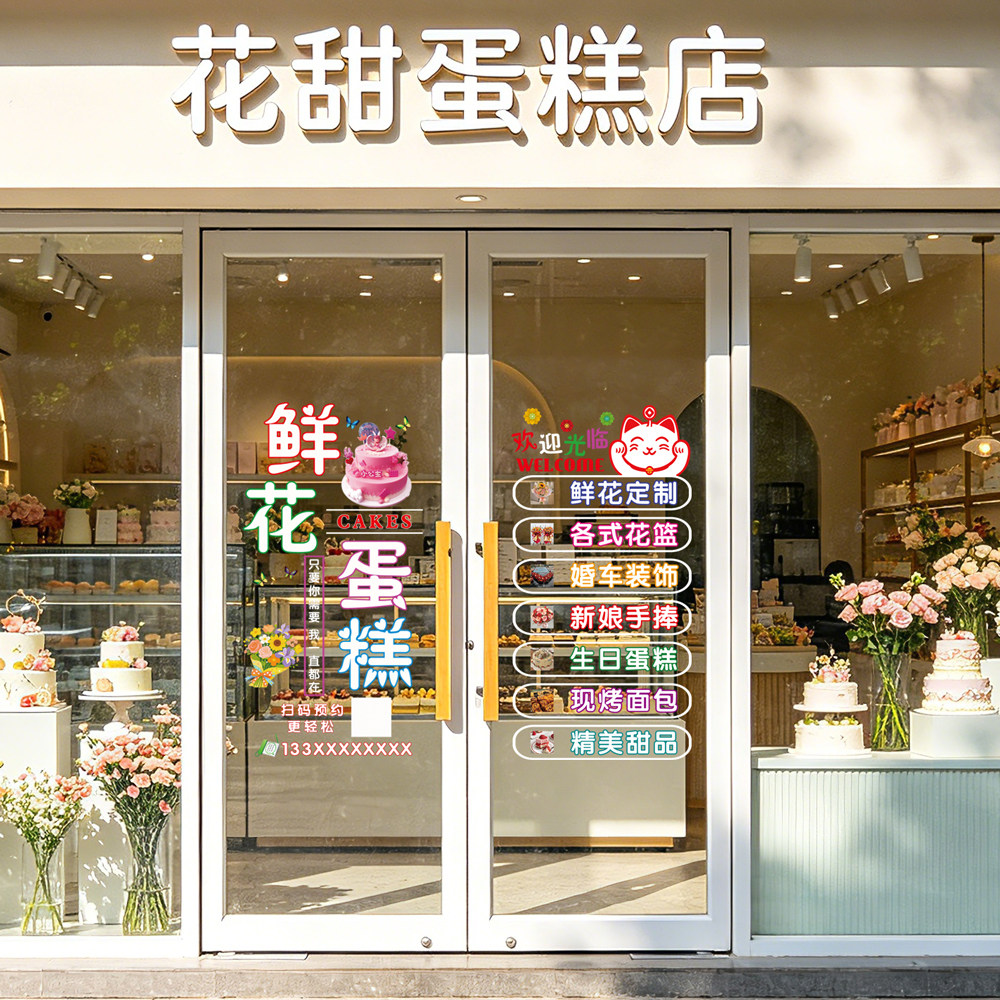 蛋糕店玻璃门贴纸鲜花店烘焙甜品店生日卡通海报橱窗上墙贴装饰画