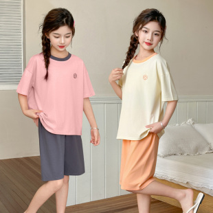 儿童冰瓷纯棉家居服2025夏季男女童短袖短裤套装中大童睡衣空调服