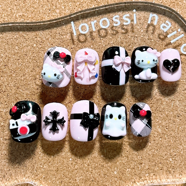 【原创】甜酷HelloKitty可爱美甲手工孕妇穿戴甲蕾丝蝴蝶结可爱