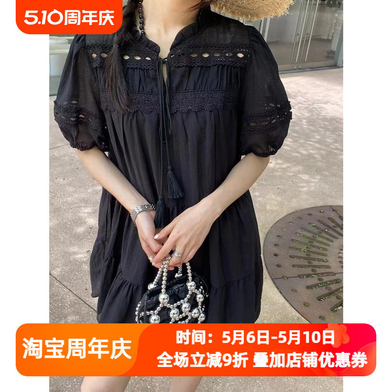 天丝连衣裙女欧洲站2024夏季新款欧货拼蕾丝泡泡袖宽松大摆短裙潮