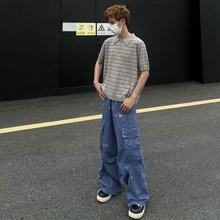 美式复古法工多口袋拉链弯刀工装裤男宽松阔腿百搭cleanfit休闲裤