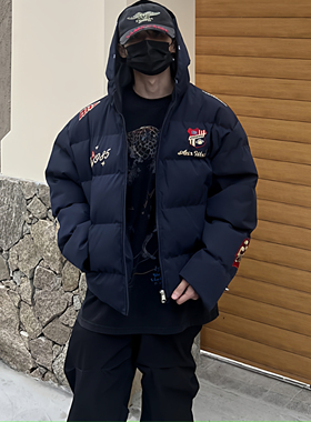 美式复古刺绣hiphop棉服毛领可拆卸设计男女冬季加厚保暖外套棉衣