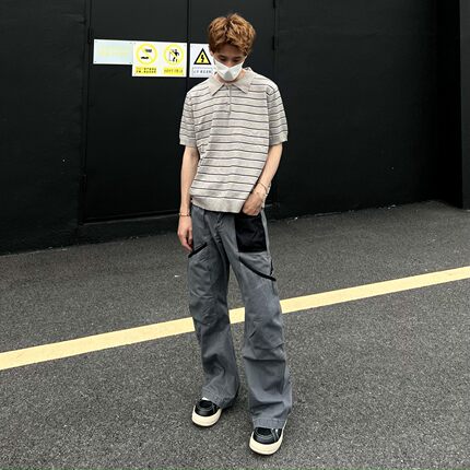 美式复古hiphop水洗法工蓝弯刀裤工装裤宽松阔腿直筒百搭园丁裤子