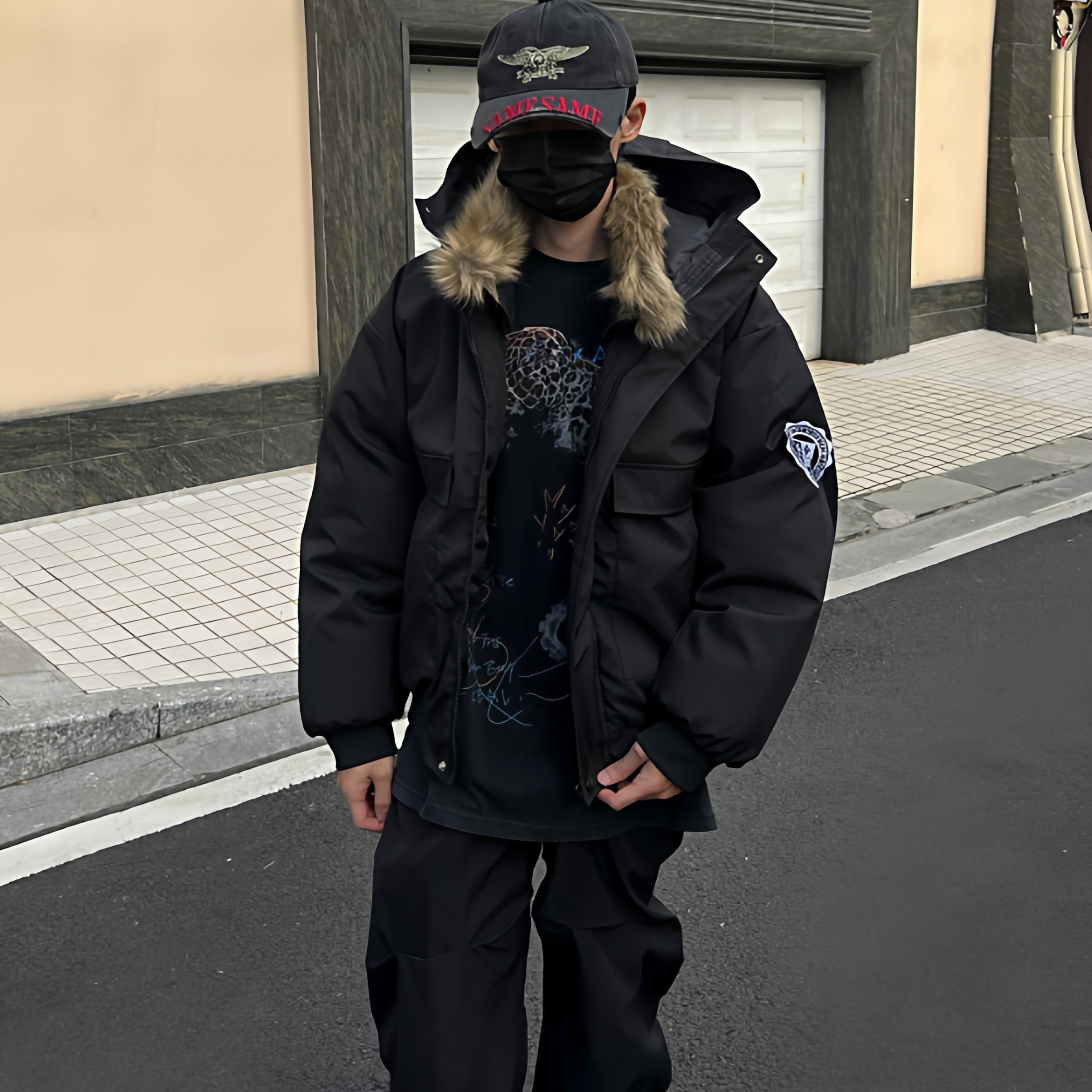 美式复古拉链拆装毛领棉服外套