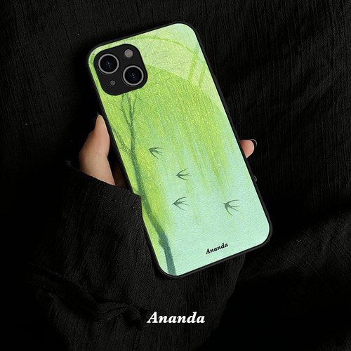 新中式春天柳树燕子iphone16promax新款手机壳苹果15plus轻奢高级感艺术生14小众13不会撞壳12华为pura70全包