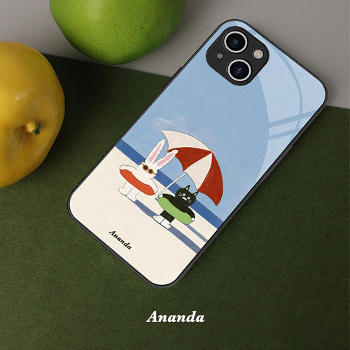 白兔与黑猫插画情侣手机壳适用iPhone16promax苹果15plus小众设计夏日海边趣味保护套14全包精孔菲林华为vivo