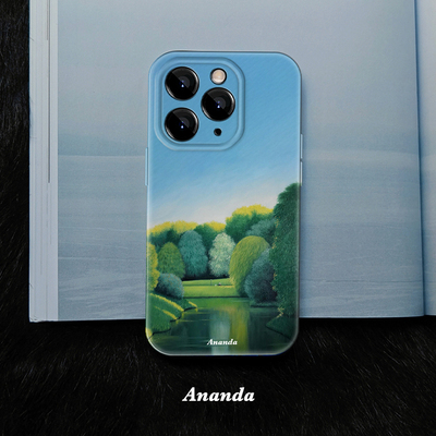 乘凉夏天油画湖畔柳树绿全包菲林iPhone15promax手机壳华为pura70小米14红米k60软vivo软不发黄小众清新新款