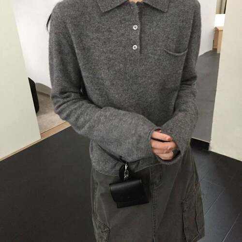 羊毛衫100秋冬翻领针织衫女长袖百搭通勤修身POLO领基础款上衣