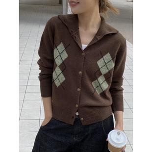 定制100羊毛26支俩股进口机菱形格开衫 毛衣