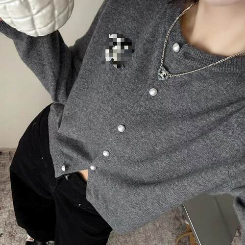 羊毛衫100上衣通勤风珍珠扣针织开衫女秋季宽松显瘦长袖毛衣外套
