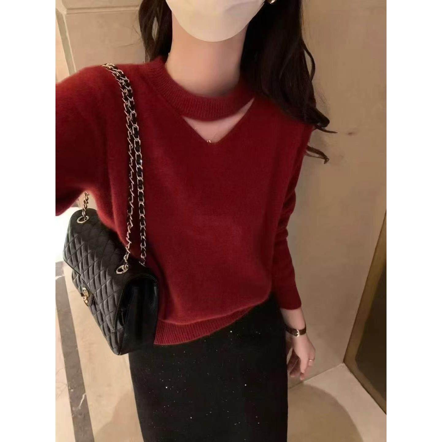 定制羊毛衫秋冬新款设计感镂空针织衫休闲长袖宽松毛衣打底衫上衣