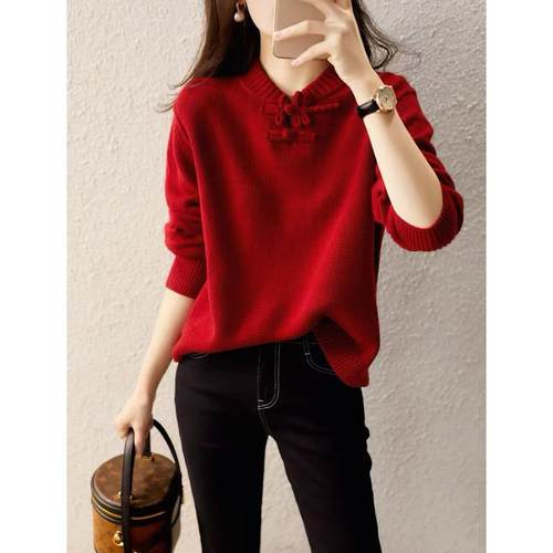 定制羊毛衫2025春季新款时髦气质羊毛立领中国红针织蜻蜓盘口毛衣