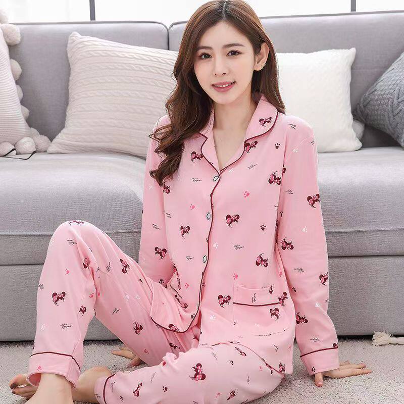 纯棉女士睡衣女春秋长袖长裤大红色开衫两件套装秋冬款外穿家居服