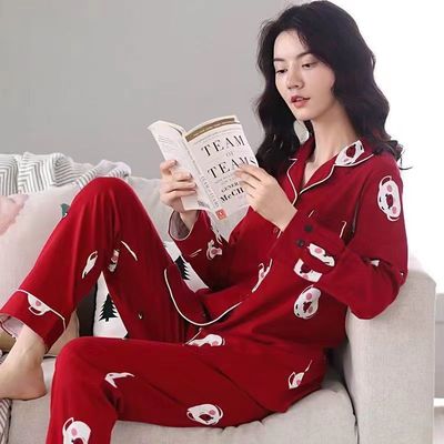 纯棉女士睡衣女春秋长袖长裤大红色开衫两件套装秋冬款高档家居服