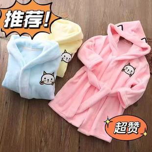 居家秋冬季法兰绒男童浴袍睡衣保暖卡通儿童可爱女童珊瑚绒睡袍