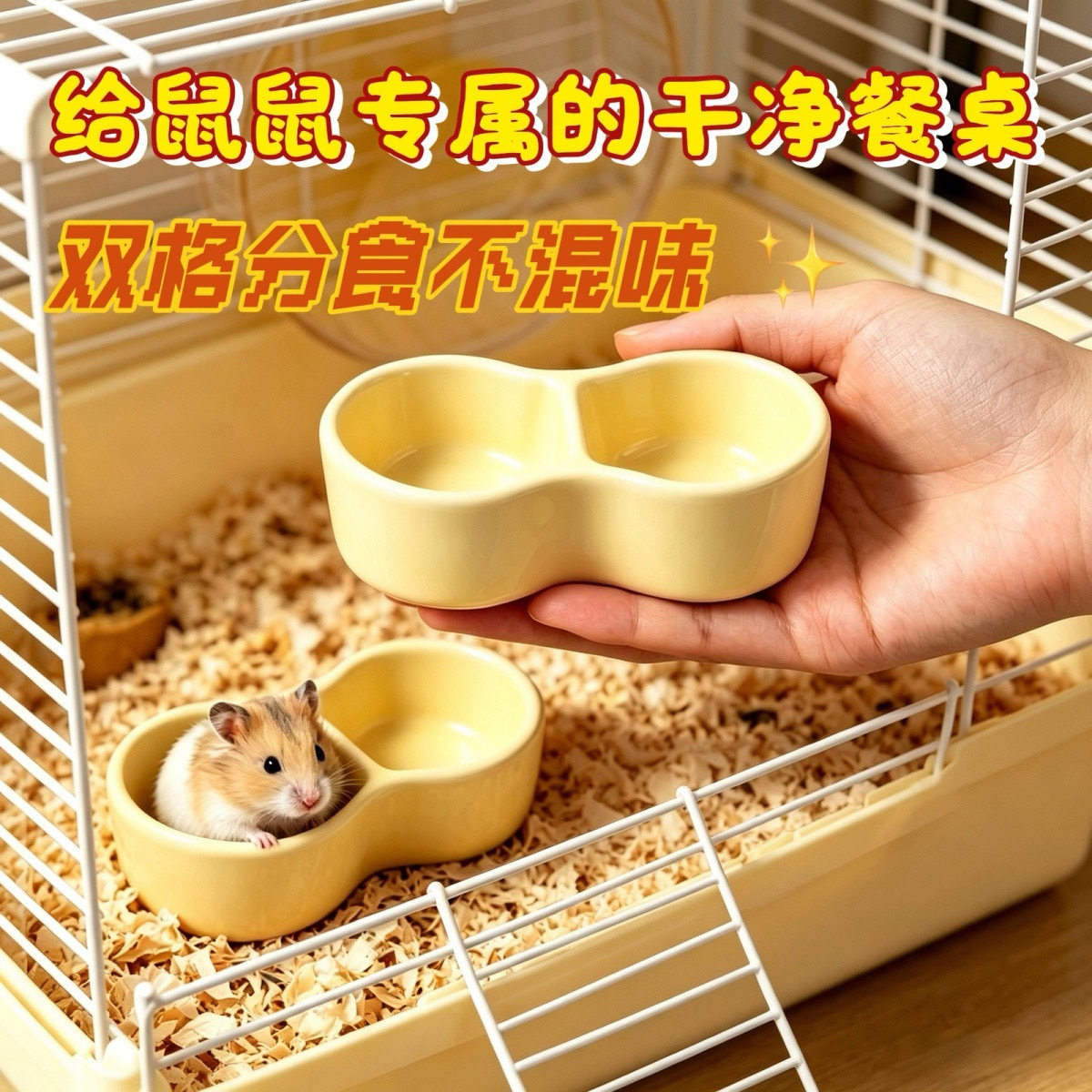 仓鼠食盆金丝熊喂食器刺猬防翻咬分格两格双格陶瓷仓鼠碗小宠用品
