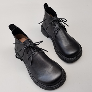 真皮纯皮大头宽松版女鞋秋季外贸头层牛皮短靴中跟系带高帮原单鞋