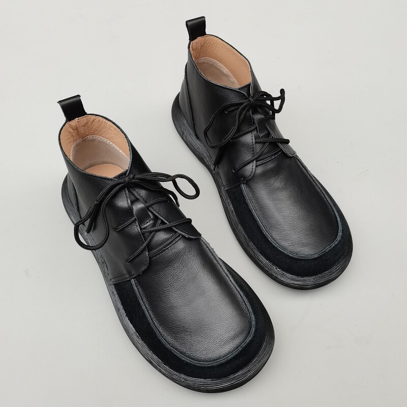 真皮纯皮男士高帮单鞋外贸头层牛皮防滑厚底工作休闲系带春秋短靴