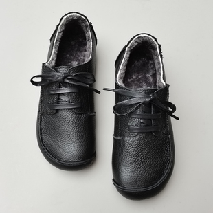 羊皮毛一体女鞋外贸纯羊毛真皮低帮系带平软牛筋底原单大棉鞋冬季