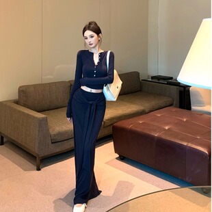 春秋小众修身显瘦T恤上衣+绑带垂感高腰包臀半裙长裙气质两件套女