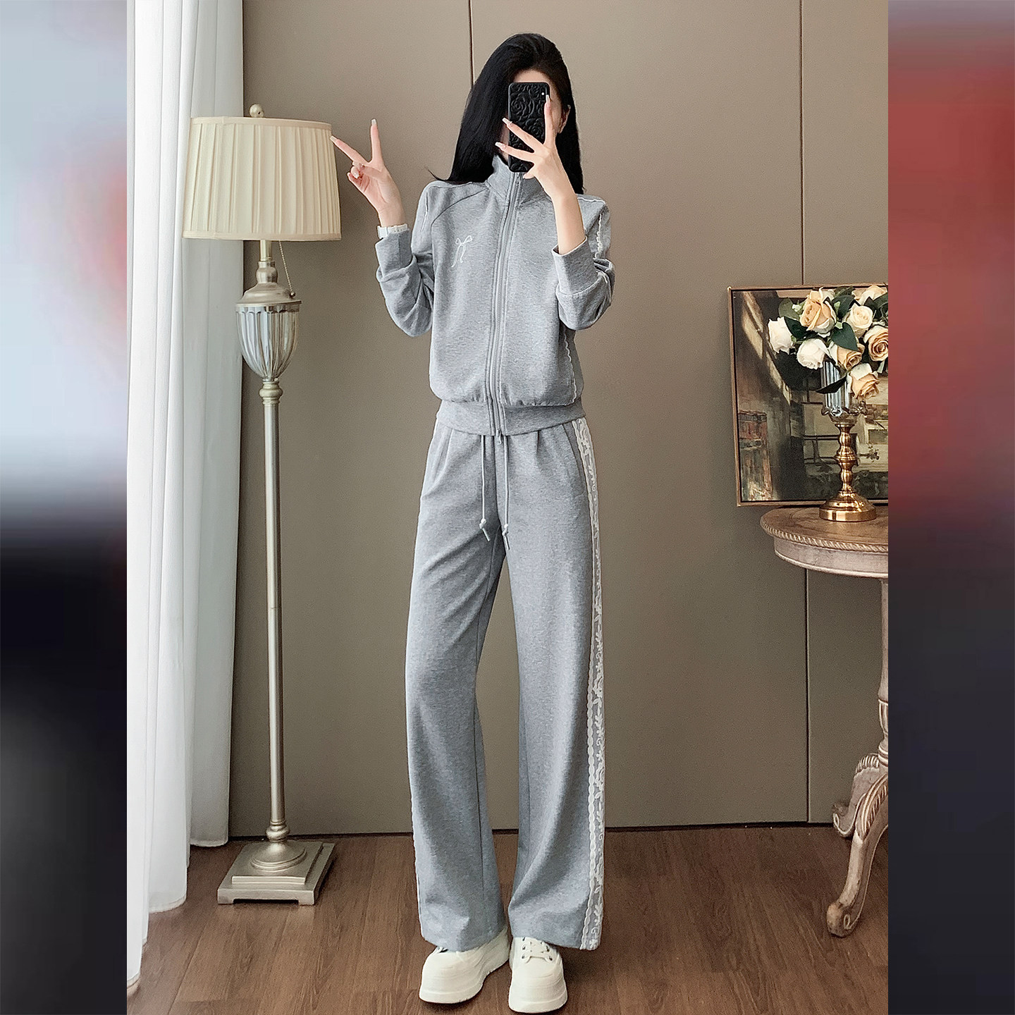 盐系高级感时尚气质套装女初秋新款立领拼接长袖上衣阔腿裤两件套