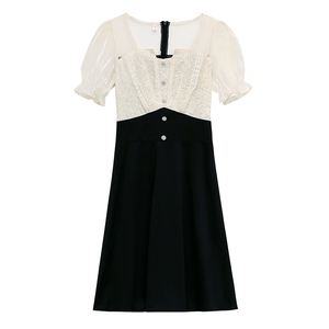 RM18343#夏季新款V领拼接气质初恋浪漫淑女小黑裙