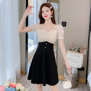 RM18343#夏季新款V领拼接气质初恋浪漫淑女小黑裙
