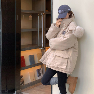 实拍工装毛领派克服羽绒棉服女设计感小众毛毛内胆冬季新款中长款