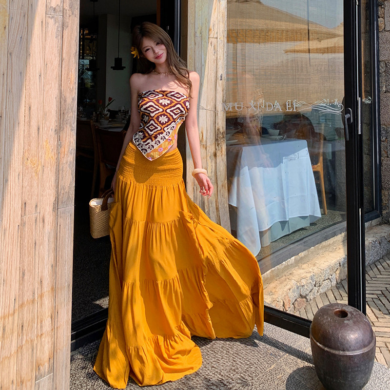 波西米亚风印花抹胸上衣半身裙显瘦百搭度假风套装