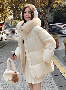 实拍粉色奶芙棉服女 beloved小奶包新款大毛领棉服中长款棉衣外套