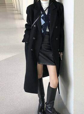 黑色毛呢外套女2026冬季韩版过膝赫本风呢子大衣中长款加棉加厚
