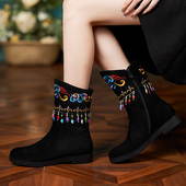 秋季 国风旗袍鞋 新款 复古风平底中筒靴短靴女绣花靴民族风软底中式