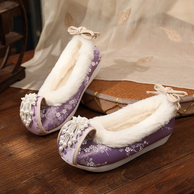 紫色 汉服鞋子平跟登云履珍珠女布鞋 冬季保暖加绒古风云头珠花鞋,女鞋,传统布鞋,淘宝优惠券,粉丝福利购,淘宝优惠卷
