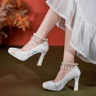 新中式原创汉服鞋超高跟鞋仙女风中国风复古民族风刺绣旗袍鞋流苏