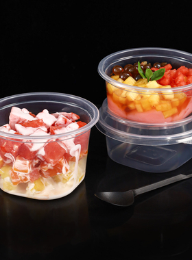 一次性加厚冰粉打包碗450带盖外卖餐盒550圆形透明水果捞饭盒包邮