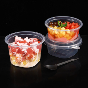 一次性加厚冰粉打包碗450带盖外卖餐盒550圆形透明水果捞饭盒包邮