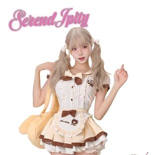 甜美可爱少女感doll系 奶油布丁荷叶边蝴蝶结上衣 黄色蛋糕裙套装