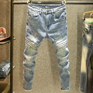 浅色牛仔裤男春季新款褶皱拼接设计潮牌修身小脚潮流弹力休闲长裤