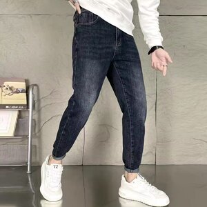 秋冬季牛仔裤男潮牌修身微垮哈伦裤复古休闲百搭蓝色痞帅直筒裤子