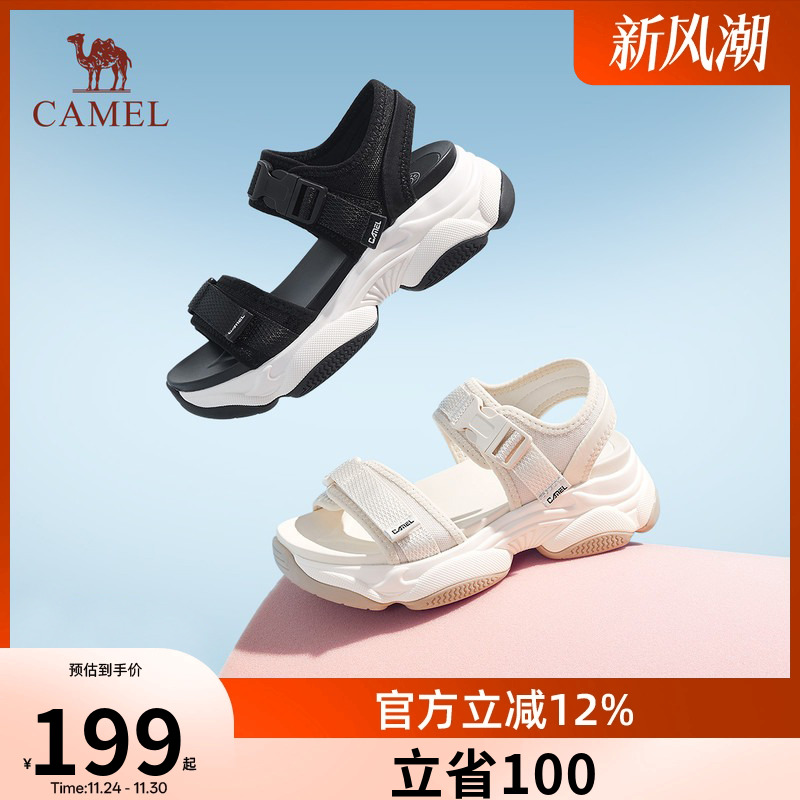 骆驼女鞋夏季新款厚底松糕沙滩鞋魔术贴时尚休闲软底运动凉鞋女款