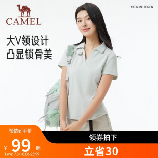 上衣 骆驼短袖 T恤女装 2025春夏新款 显瘦高弹透气v领休闲运动polo衫