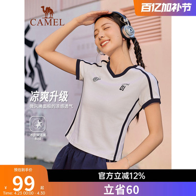 骆驼运动短袖女复古T恤夏冰感抗菌网球羽毛球半袖美式V领正肩上衣