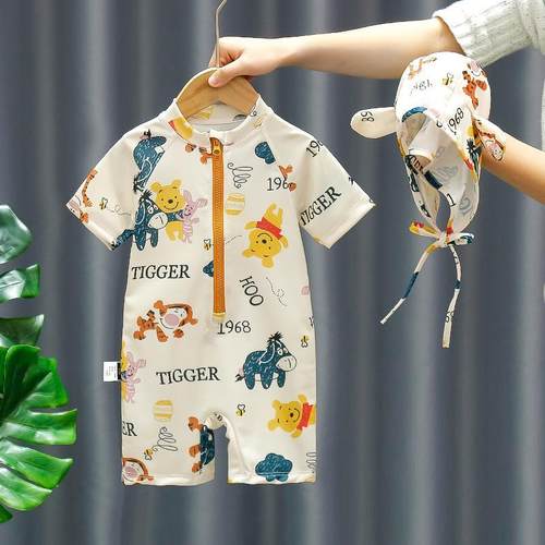 男童2024新款防晒泳衣泳帽儿童洋气连体泳装时尚宝宝温泉沙滩度