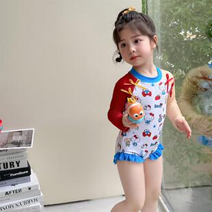 女童连体泳衣2026新款 防晒速干泳衣女宝宝猫咪拼色泳衣 超好看长袖