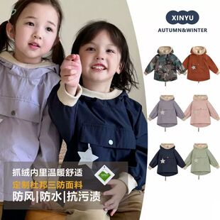 宝宝罩衣冬季薄绒风衣男女童宝宝三防连帽外套加绒保暖秋冬罩衫