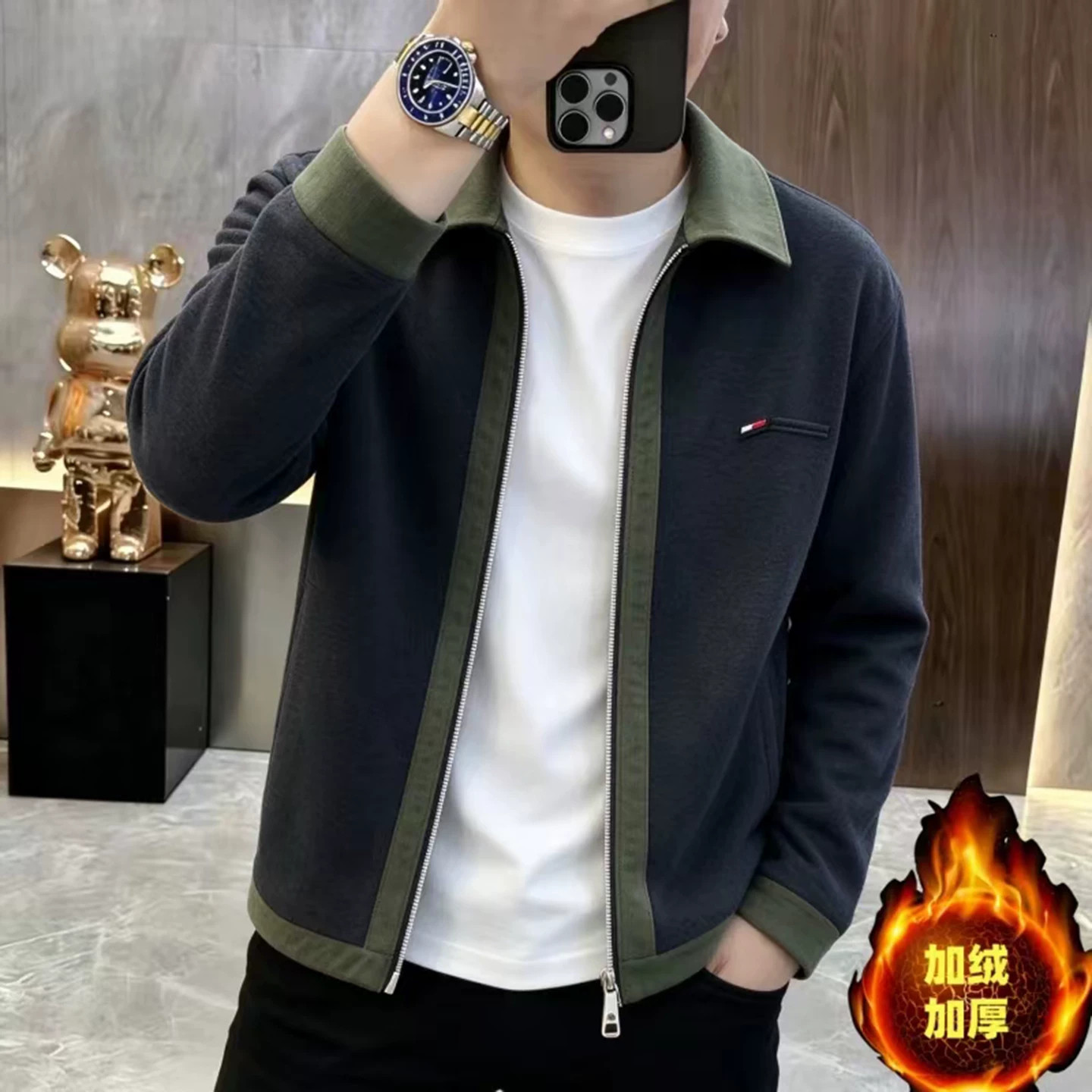 2026秋冬季新款男士翻领夹克恒之智百货男装加绒加厚时尚休闲外套