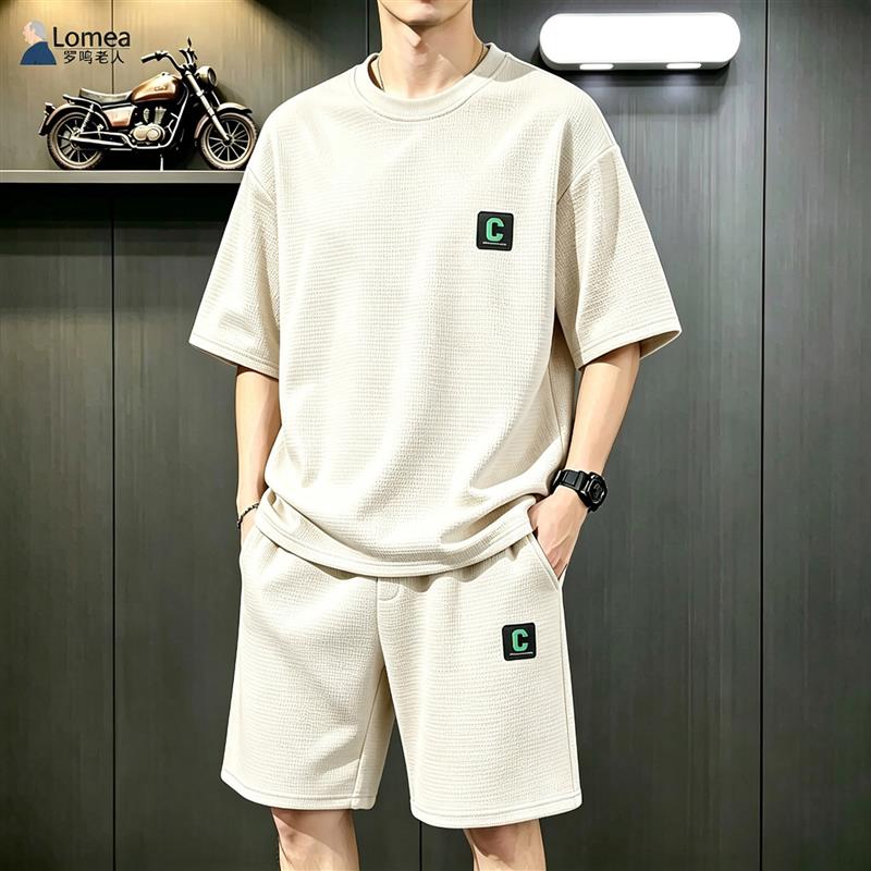 LOMEA罗鸣老人品牌男装夏季男士百搭圆领印花套装休闲运动两件套
