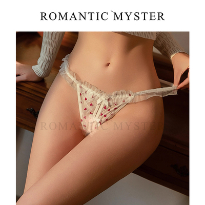 入谜 纯欲爱心丁字裤性感镂空蕾丝女蝴蝶结网纱花边低腰无痕T裤