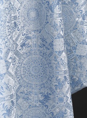 天蓝色 八达晕织锦缎提花面料 复古国风外套马甲蒙古袍丝绸布料